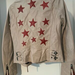 Women's Beige Leather Jacket with Red Star Appliqués beautiful lamb leather
